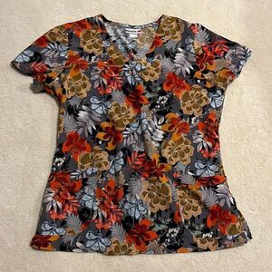 White Cross Fall Motif Flowers Scrubs Healthcare Top. Size Small